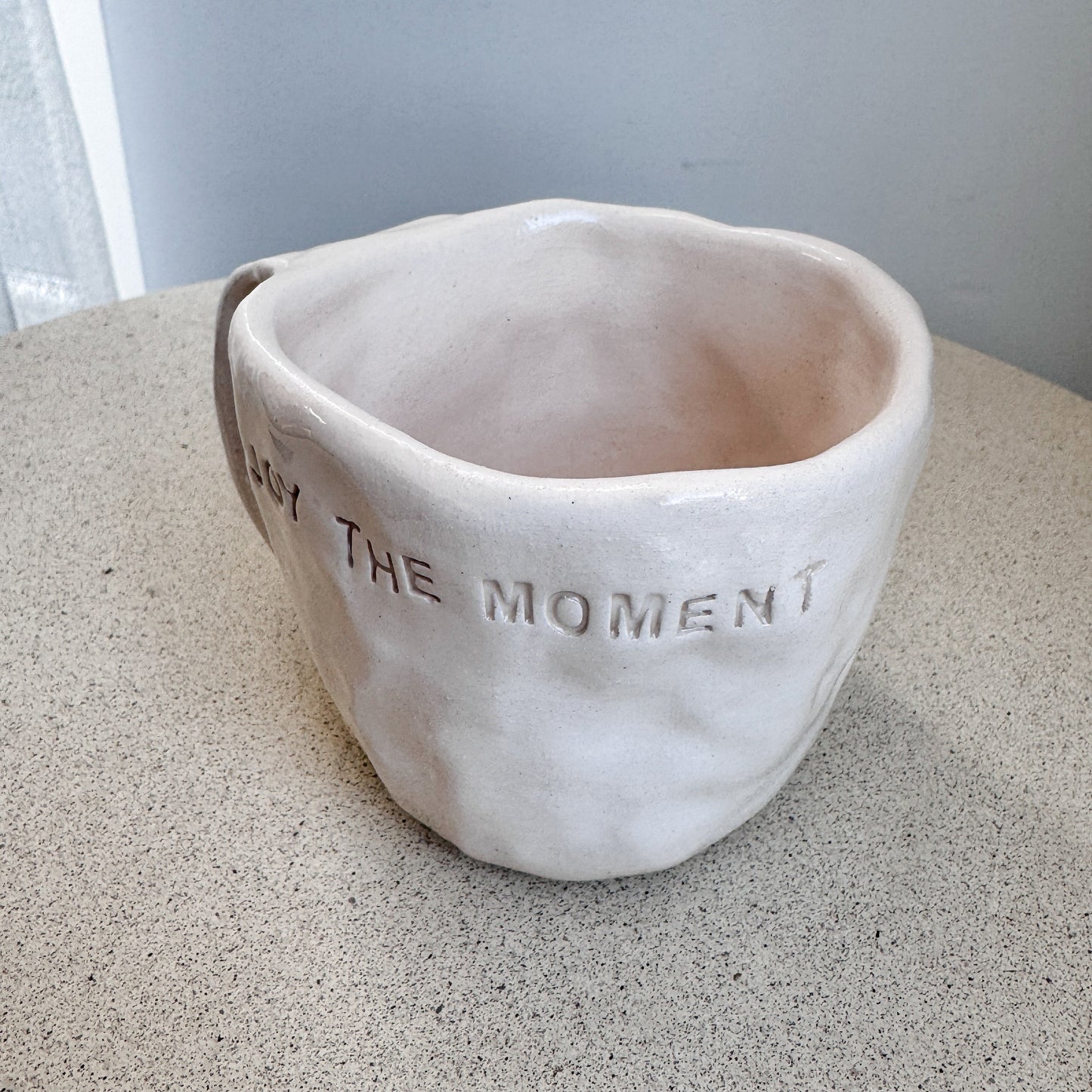 “ENJOY THE MOMENT” Text Mug (Handshaped)