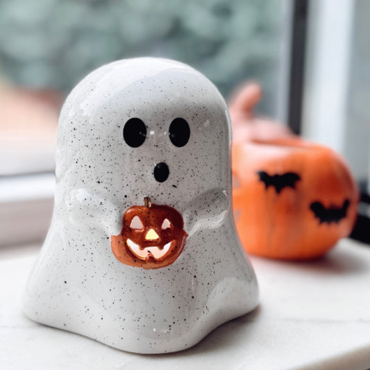 Ghost Trick-or-Treat Incense Holder / Tealight Holder With Pumpkin